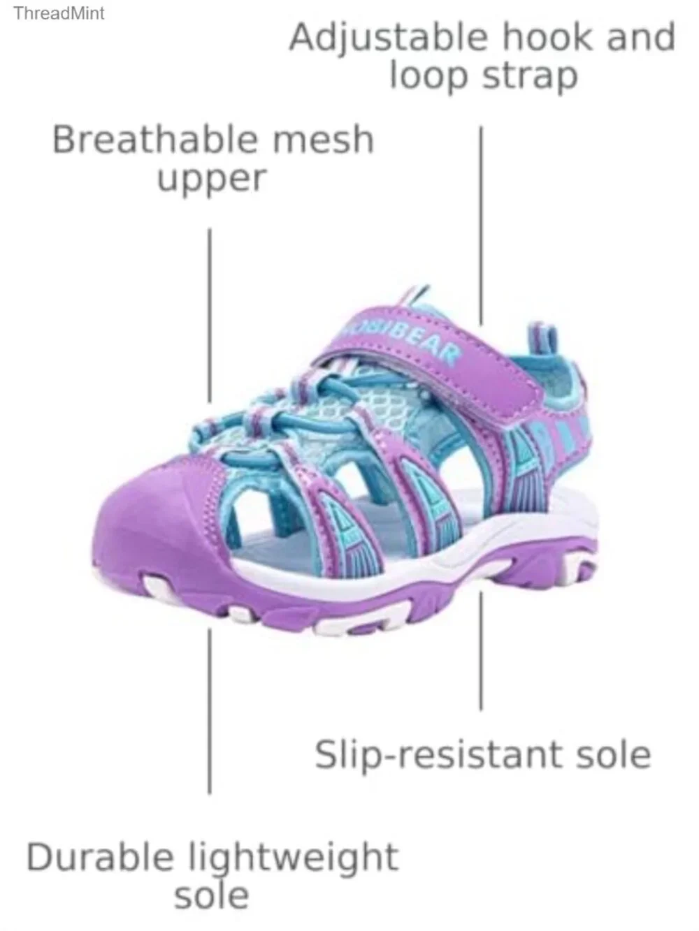 Kids Closed-Toe Sport Sandals with Hook & Loop Adjustable Straps